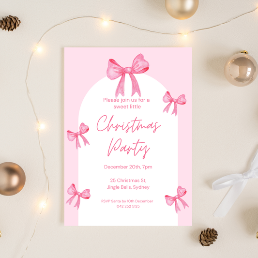 Editable Pink Bows Christmas Party Invitation | Digital Download