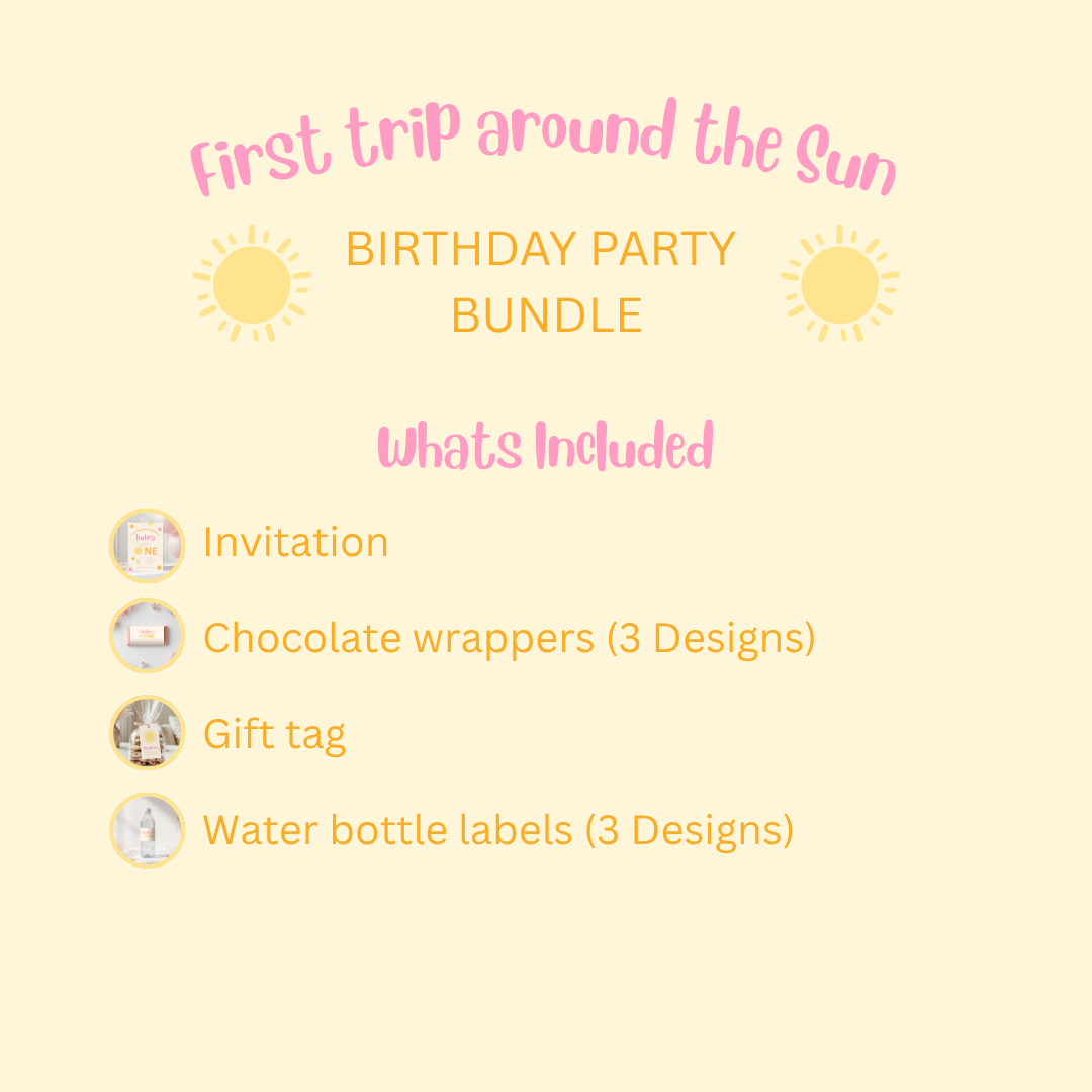 First Trip Around the Sun Birthday Bundle | Pink Editable Canva Template