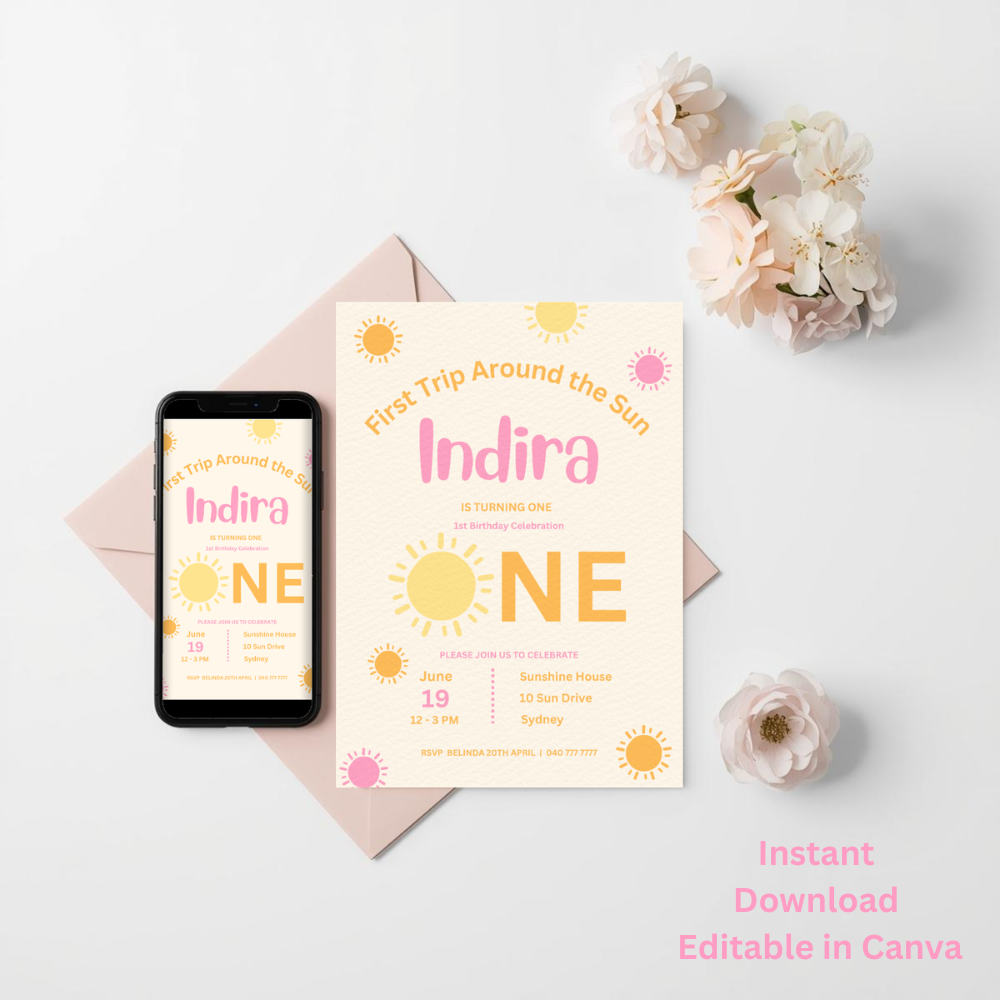 First Trip Around the Sun Invitation – Pink 1st Birthday Canva Template