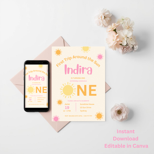 First Trip Around the Sun Invitation – Pink 1st Birthday Canva Template