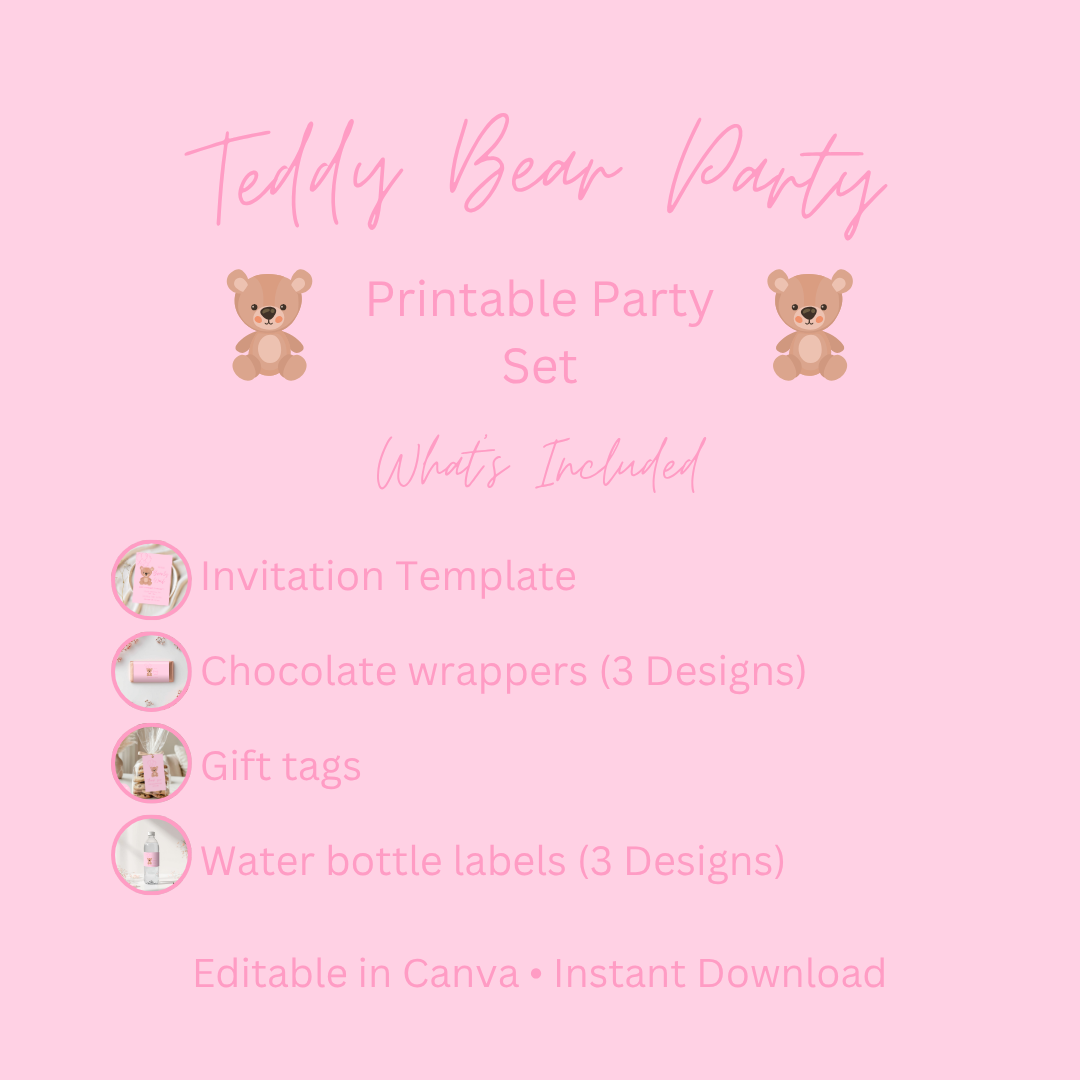 Cute Bear Baby Shower Girl Printable Party Set  Editable Canva Templates | Digital Download