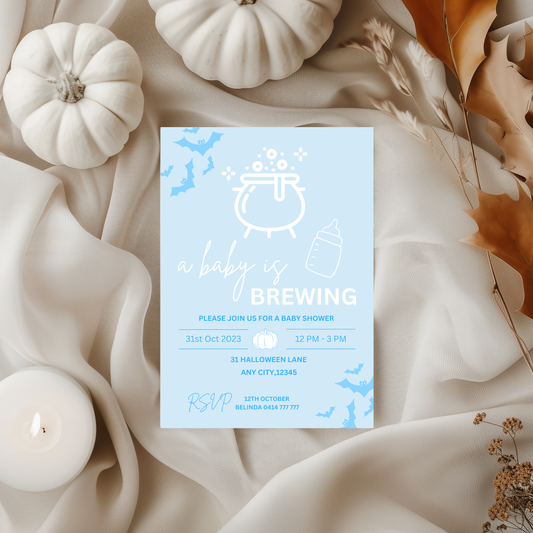 A baby is brewing Invite Blue Boy Halloween Baby Shower Editable Canva Template Instant Download