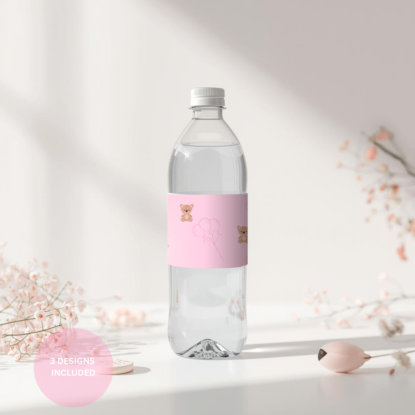 Pink Teddy Bear Baby Shower Water Bottle Labels, We Can Bearly Wait Party (Digital Download)