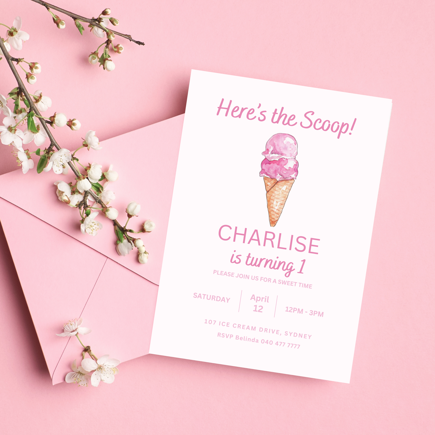 Ice Cream Birthday Invitation Template: Sweet One First Birthday Party (Digital Download)
