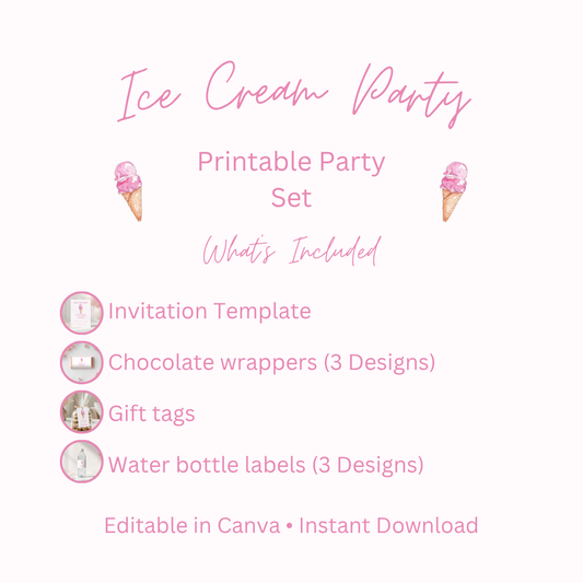 Ice Cream Birthday Party Bundle Editable Invitation Wrappers Tags Water Bottle Labels Digital Download