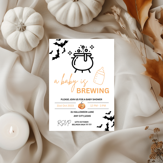 Halloween Baby Shower Invitation: "A Baby Is Brewing" Template (Digital Download)