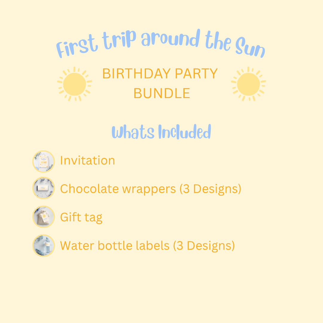 First Trip Around Sun Birthday Blue Baby Boy Party Bundle | Editable Canva Templates (Digital Download)