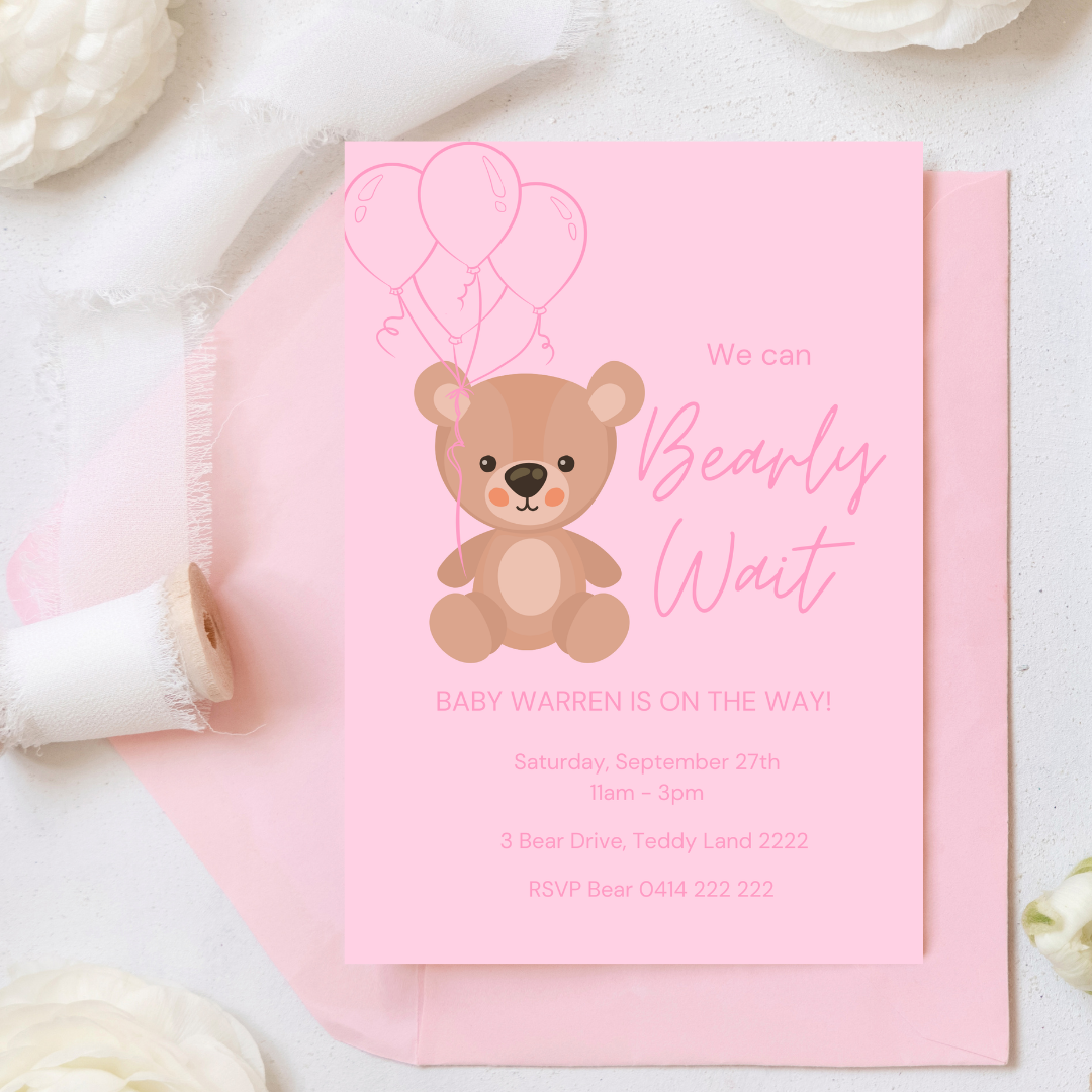 Pink Teddy Bear Baby Shower Invitation