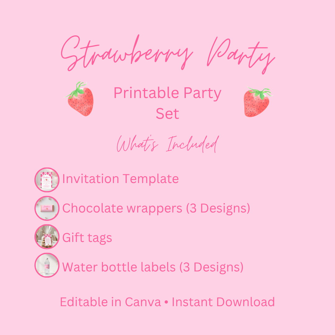Strawberry Birthday Party Bundle Editable Canva Berry First Birthday Digital Download