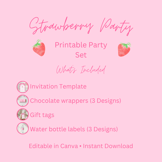 Strawberry Birthday Party Bundle Editable Canva Berry First Birthday Digital Download