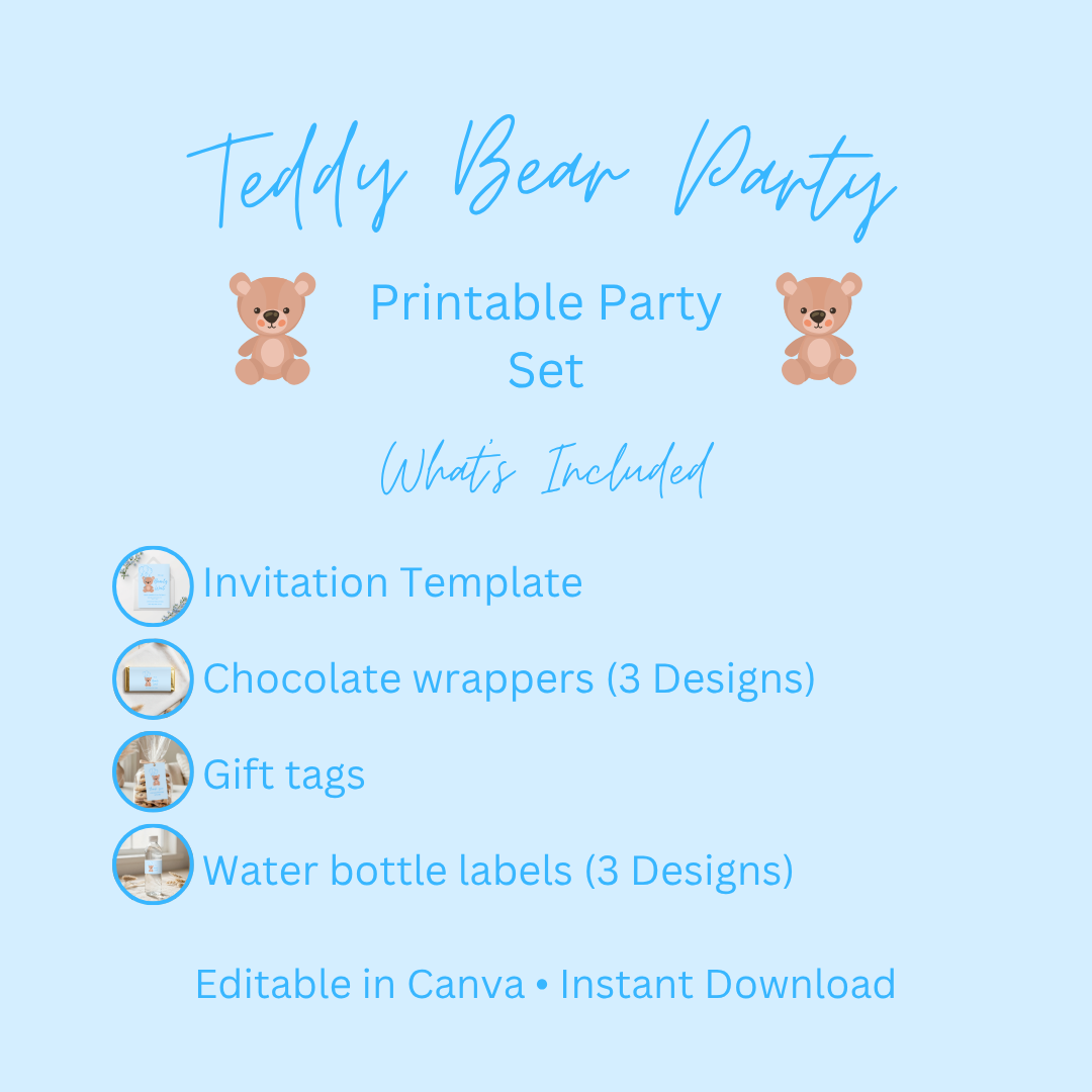 Blue Teddy Bear Printable Party Set  Editable Canva Templates | Digital Download