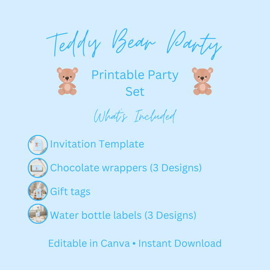 Blue Teddy Bear Printable Party Set  Editable Canva Templates | Digital Download