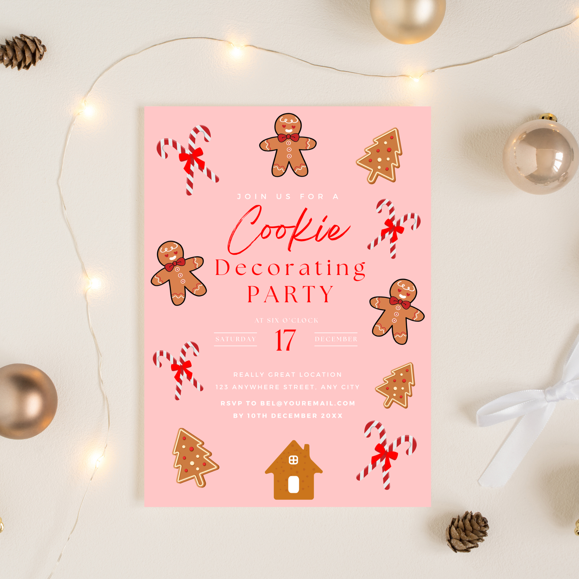 Invitation card for a cookie decorating party with Christmas-themed decorations on a light background.