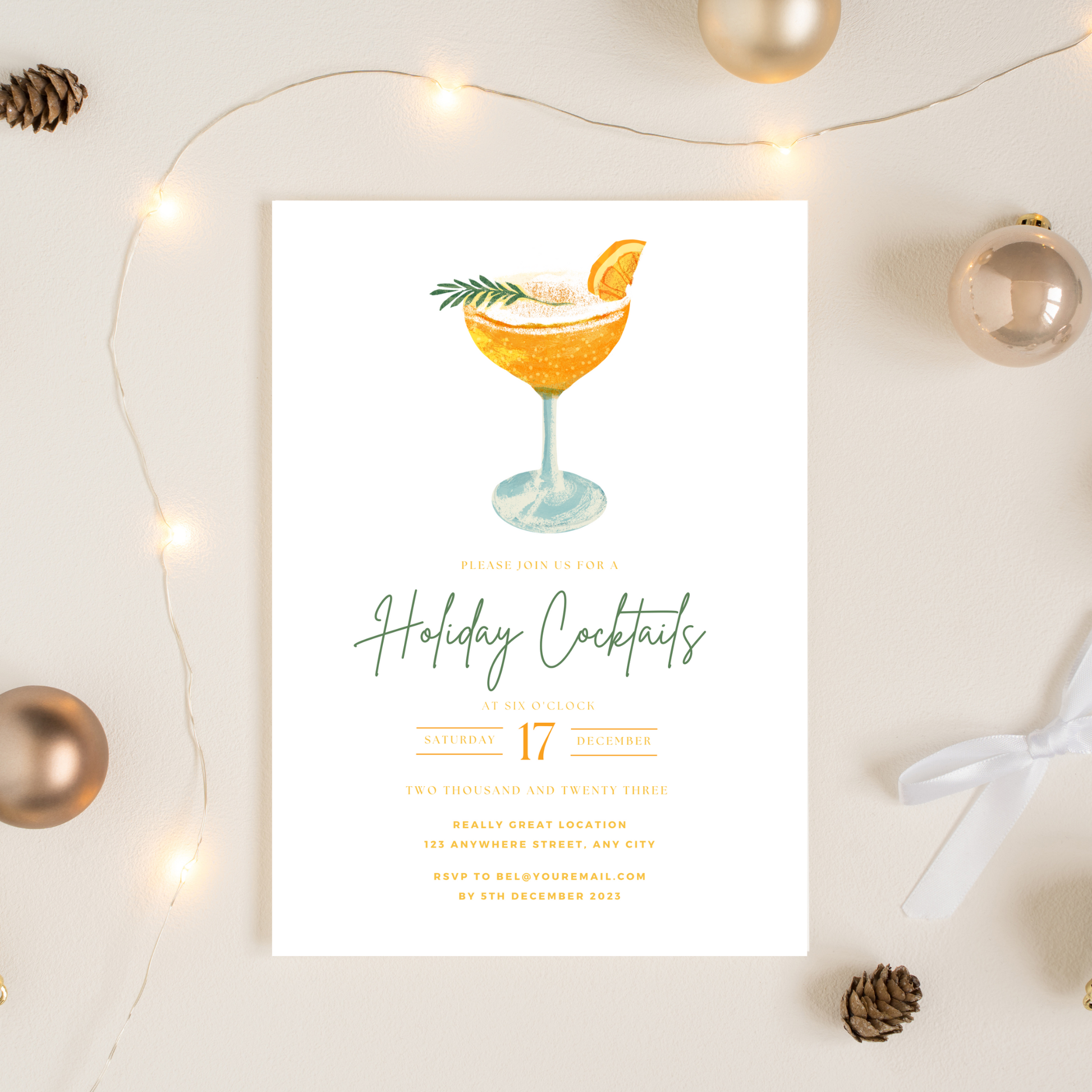 Invitation card for holiday cocktails with a cocktail illustration on a light background.