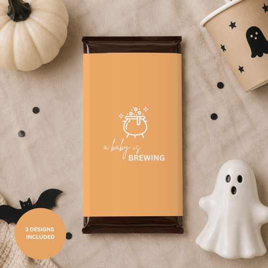 A Baby Is Brewing Chocolate Wrappers | Halloween Baby Shower Printable | Editable Canva Template