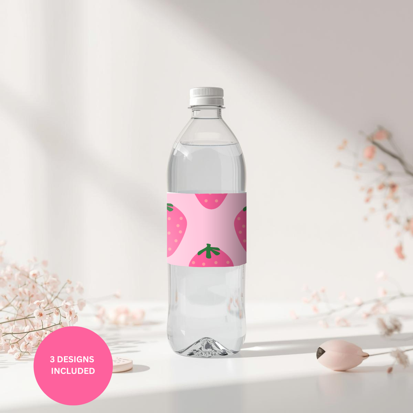 Strawberry Birthday Water Bottle Label Template Editable Canva Berry First Birthday Digital Download