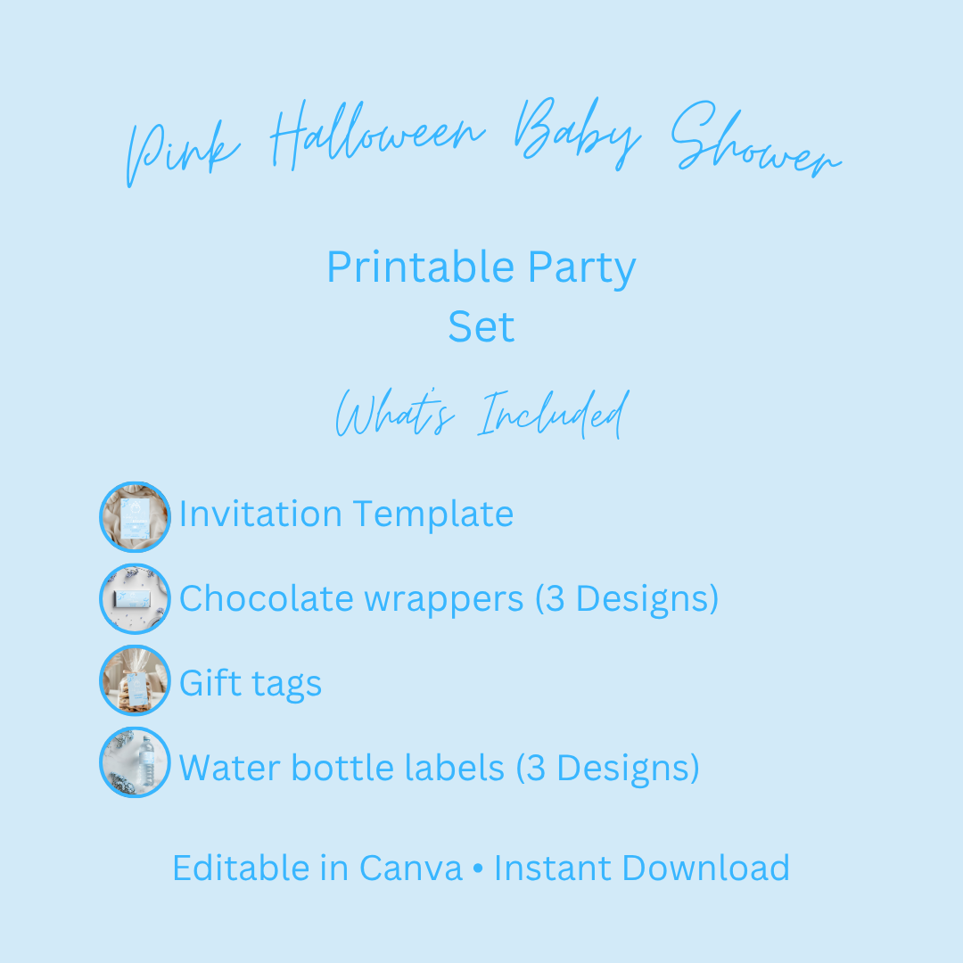 Blue Halloween Baby Shower Bundle: "A Baby Is Brewing" Canva Template (Digital Download)