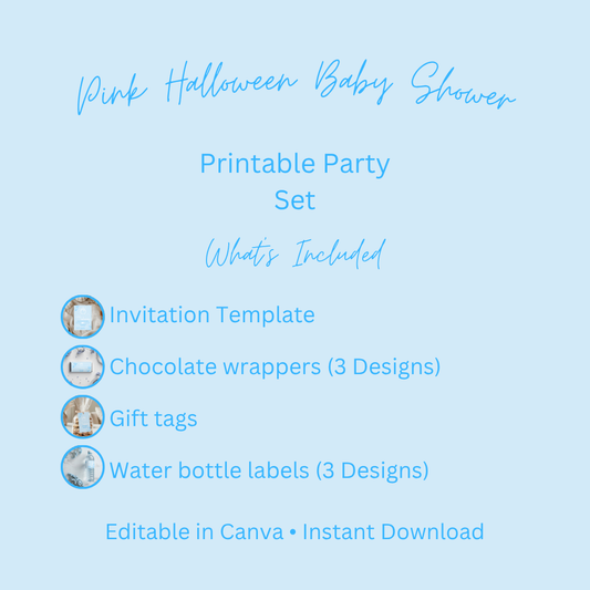 Blue Halloween Baby Shower Bundle: "A Baby Is Brewing" Canva Template (Digital Download)