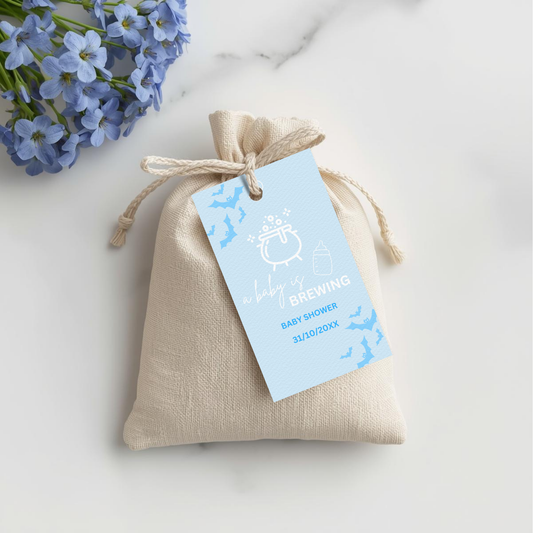 Blue Halloween Baby Shower Favor Tag: A Baby is Brewing (Digital Download)