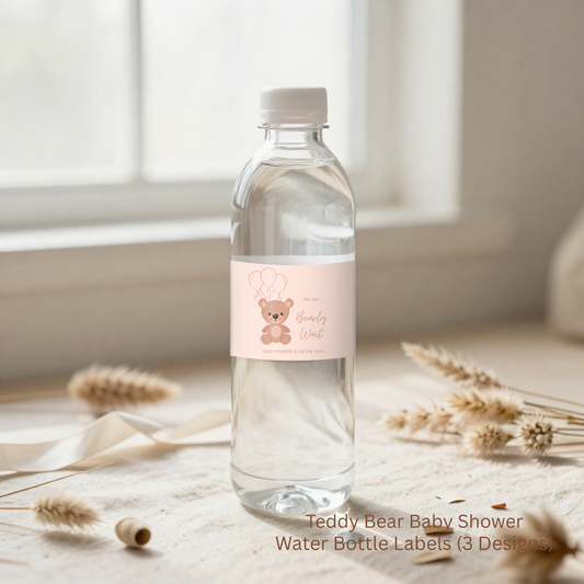 Teddy Bear Baby Shower Water Bottle Labels, We Can Bearly Wait Party (Digital Download)