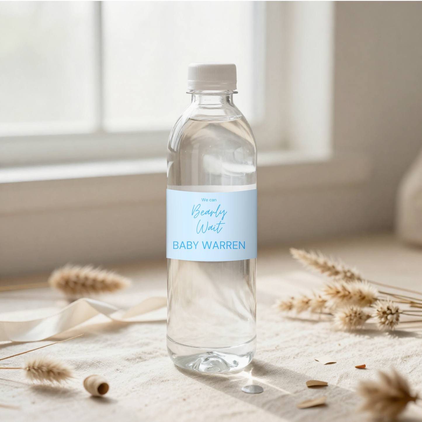 Blue Teddy Bear Baby Shower Water Bottle Labels, We Can Bearly Wait Party (Digital Download)