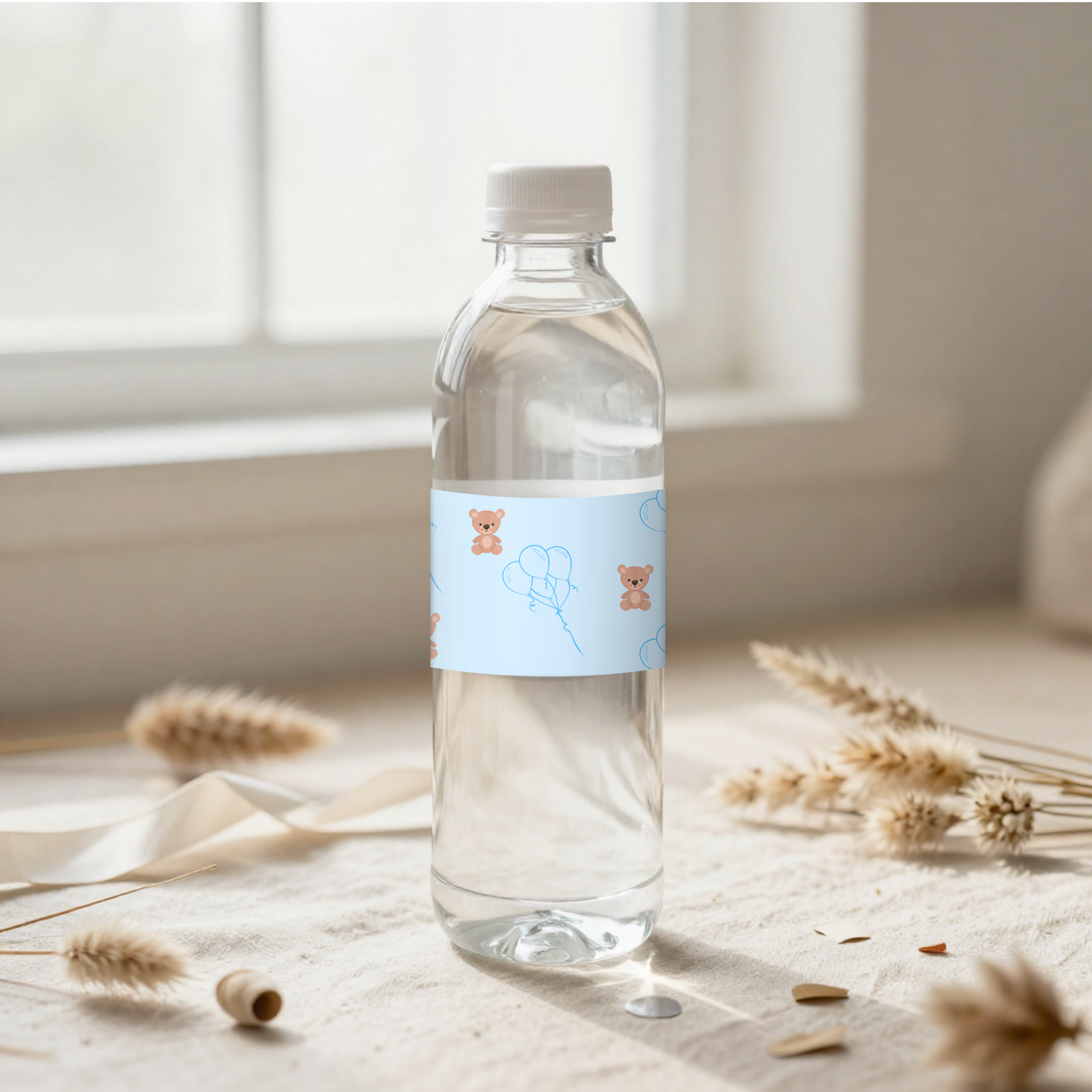 Blue Teddy Bear Baby Shower Water Bottle Labels, We Can Bearly Wait Party (Digital Download)