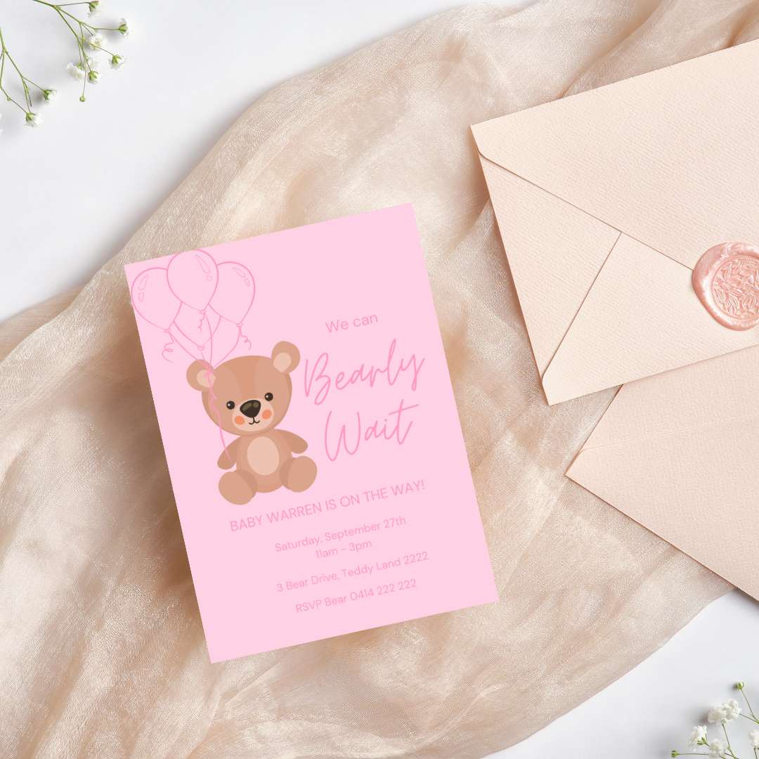 Pink Teddy Bear Baby Shower Invitation