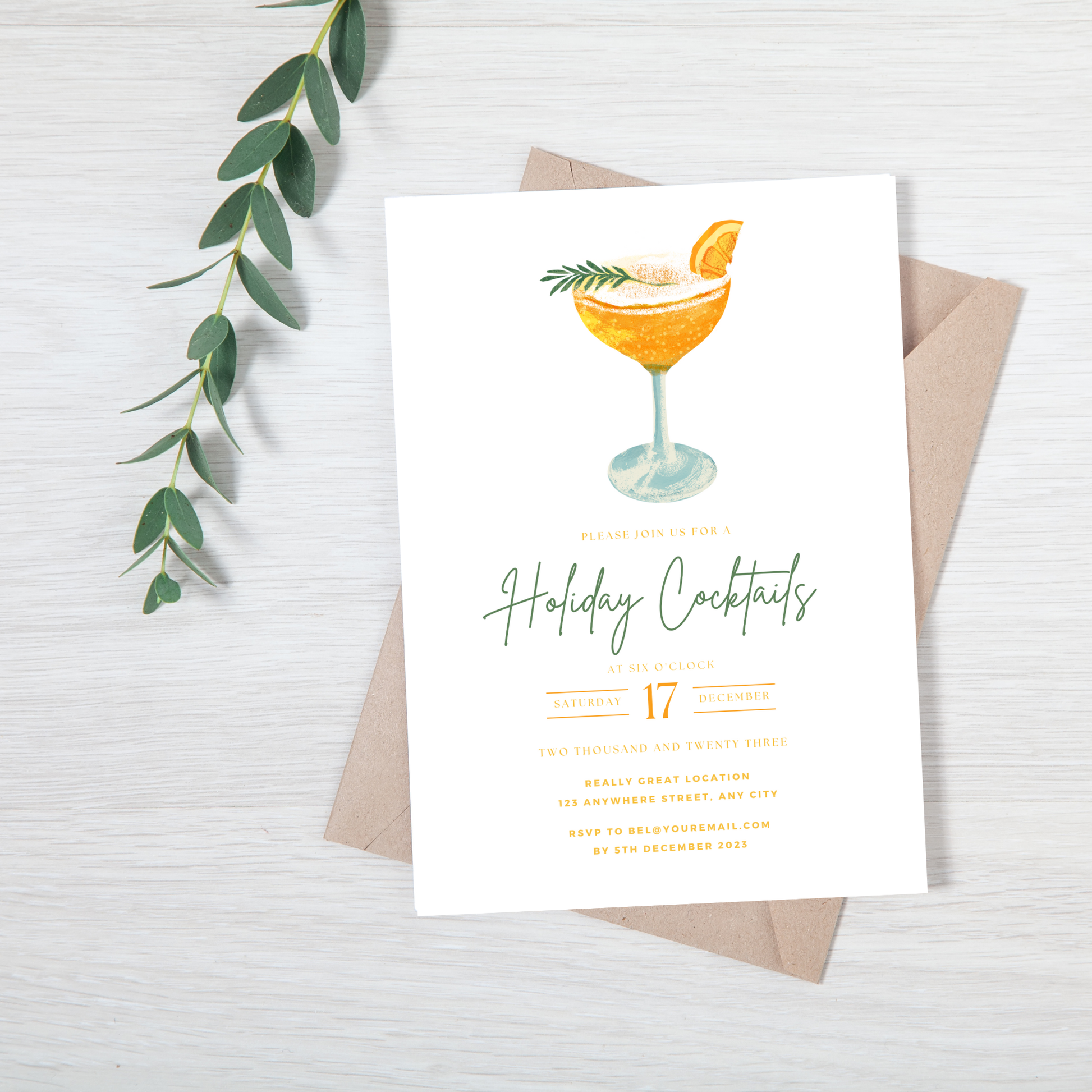 Greeting card with a cocktail illustration and text on a white background
