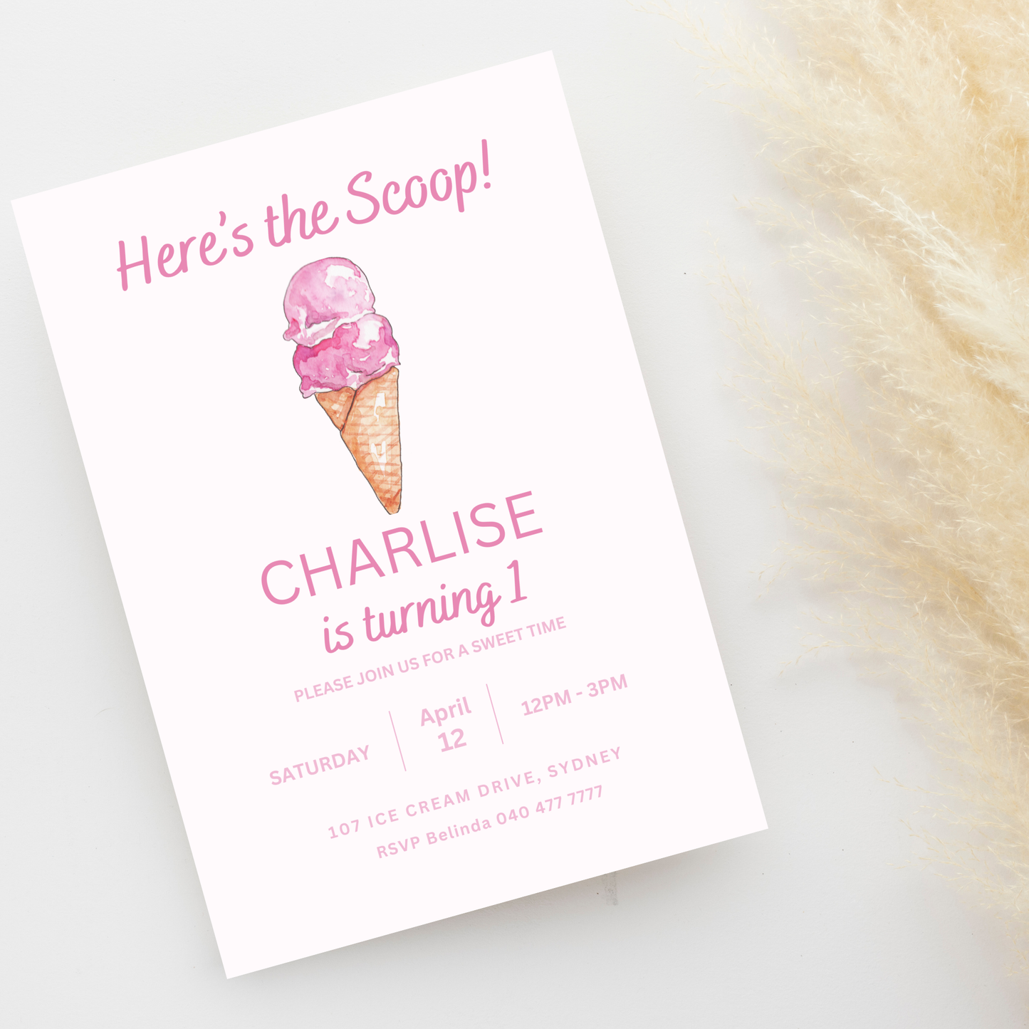 Ice Cream Birthday Invitation Template: Sweet One First Birthday Party (Digital Download)