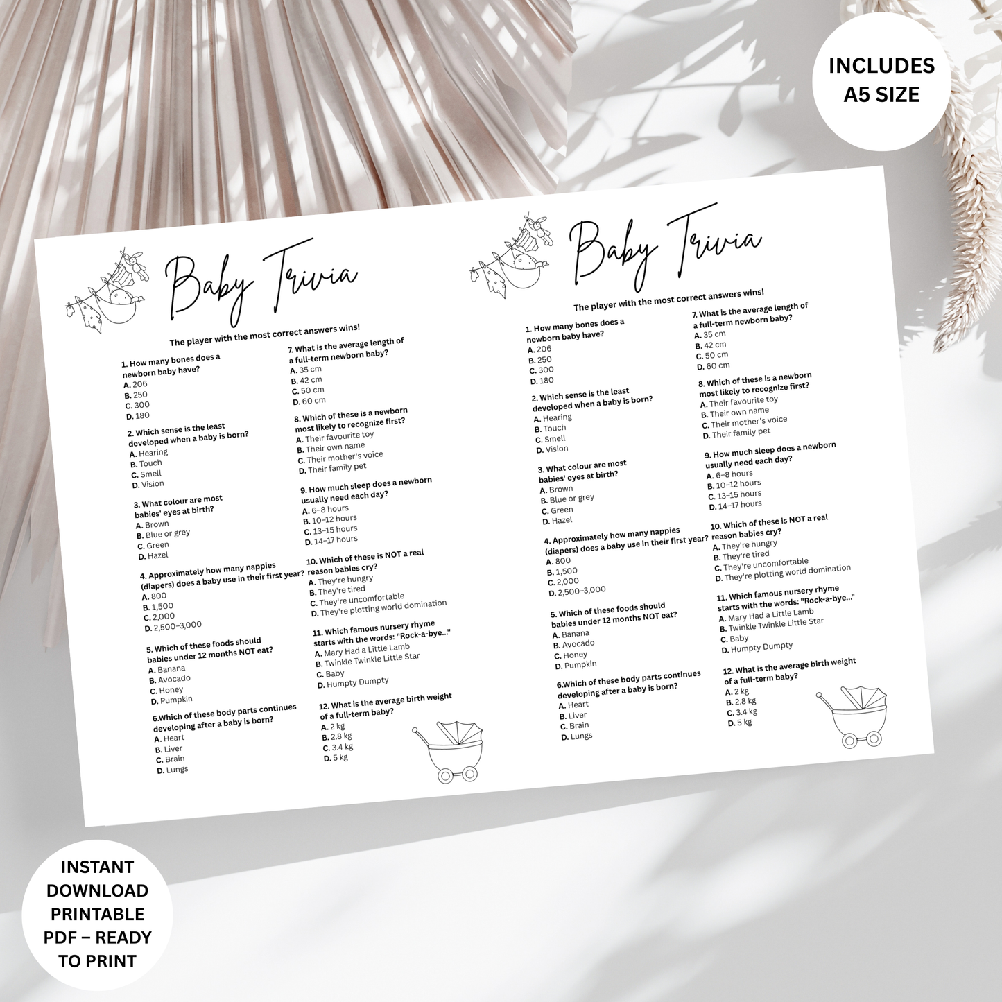 Baby Shower Trivia Game Printable PDF | Minimalist Baby Shower Game | Instant Download
