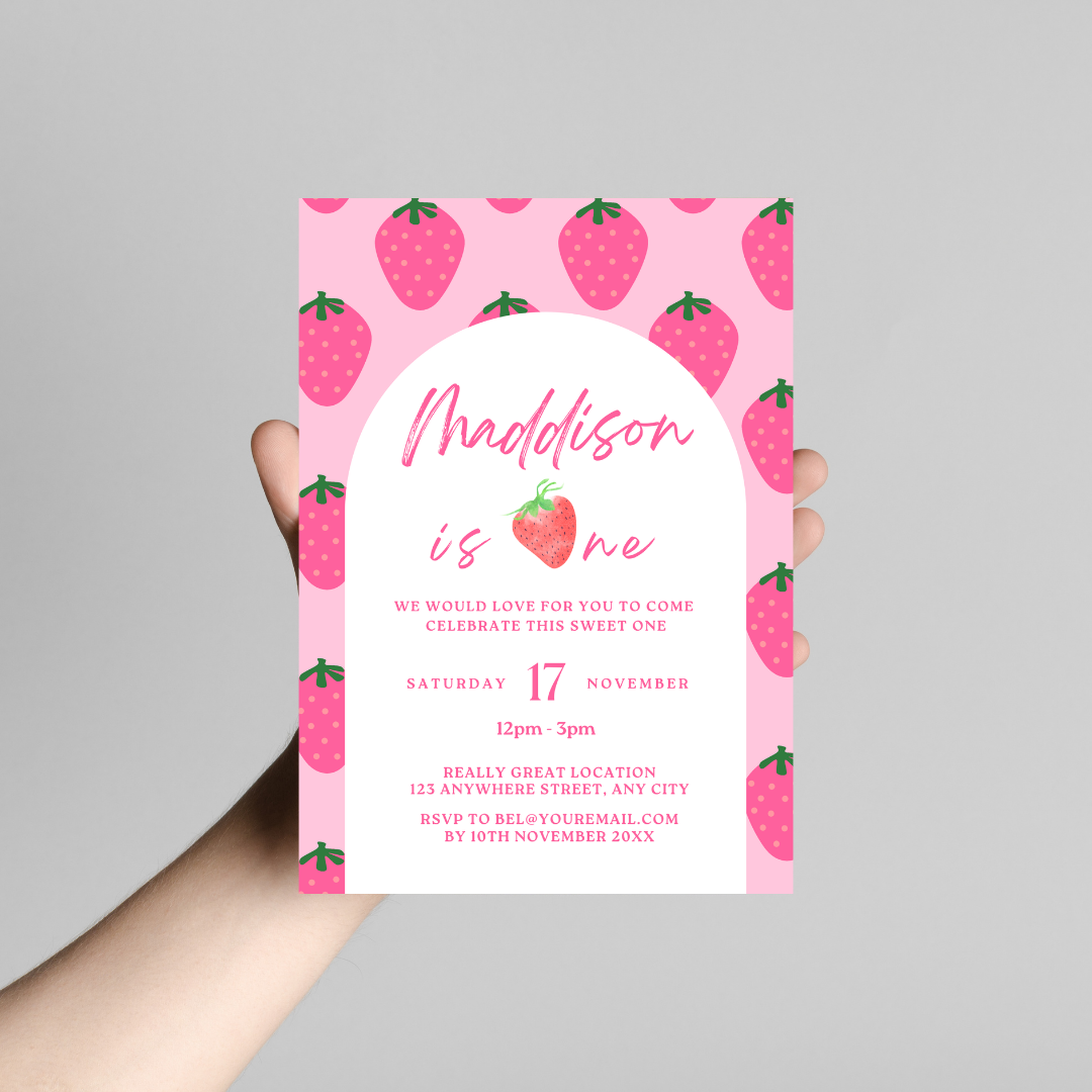 Strawberry First Birthday Invitation Template Editable Canva Invitation Digital Download