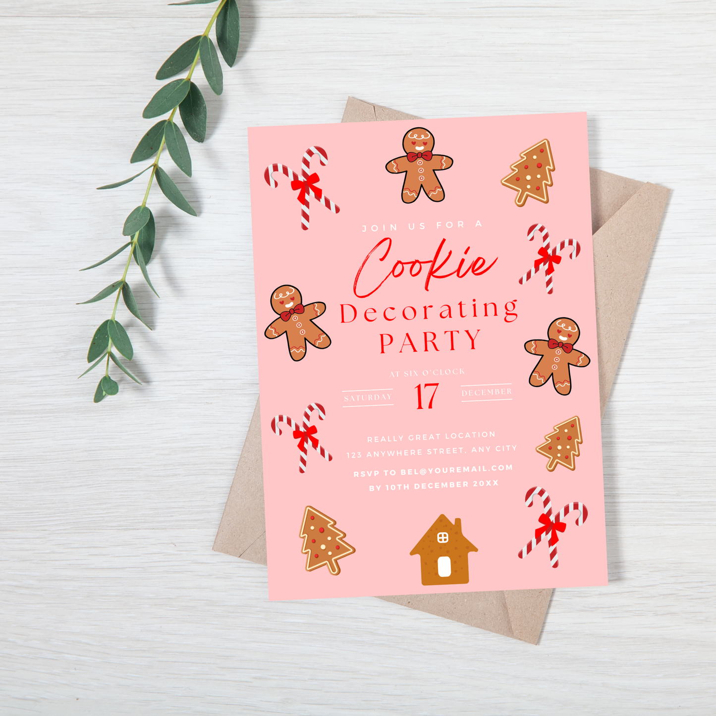 Invitation card for a cookie decorating party with gingerbread men and candy cane designs on a pink background.