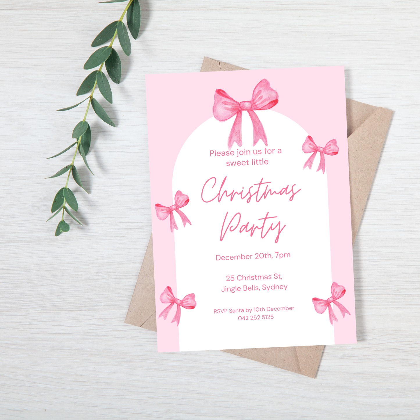 Editable Pink Bows Christmas Party Invitation | Digital Download