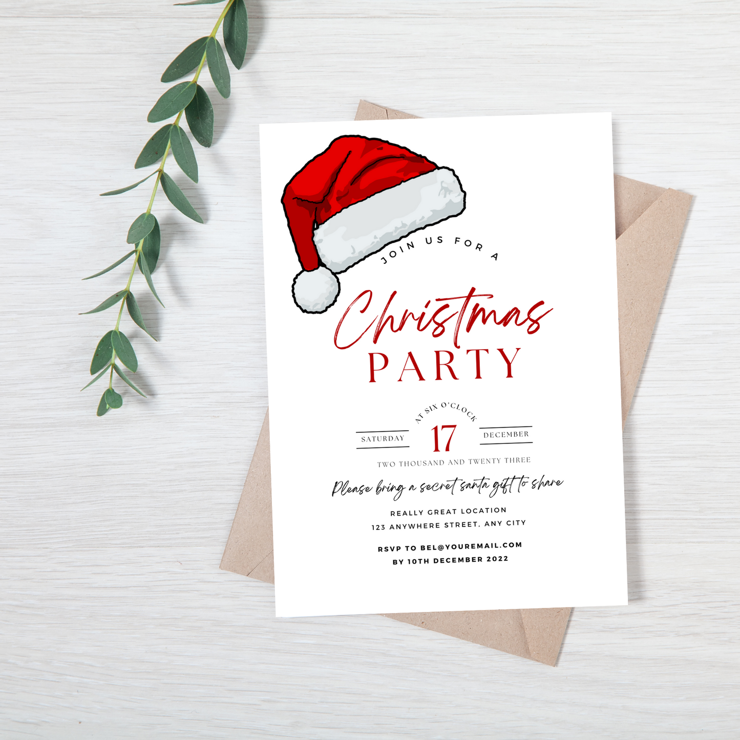 Editable Christmas Party Invitation Template | Santa Hat Digital Invite