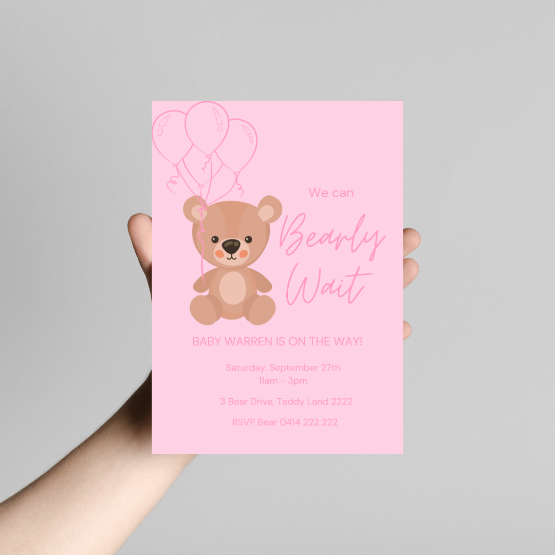 Pink Teddy Bear Baby Shower Invitation
