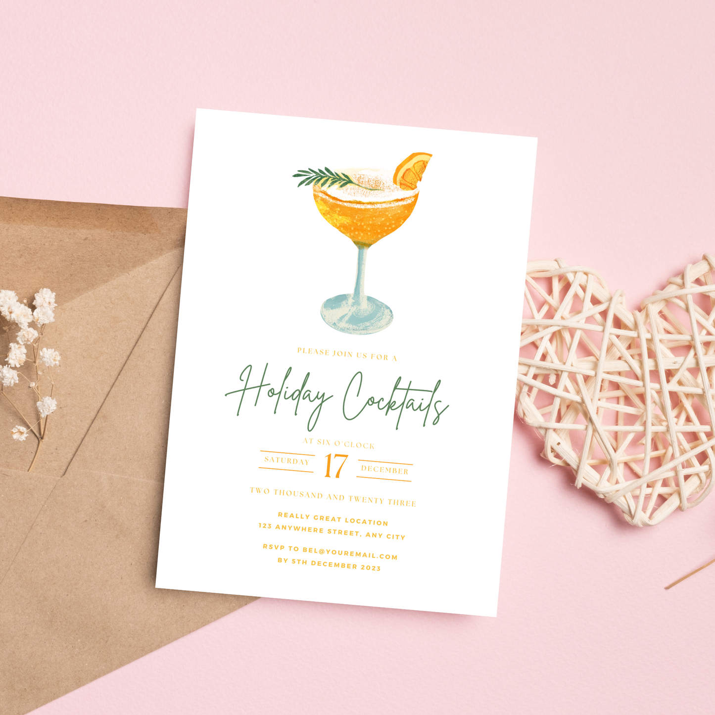 Invitation card for 'Holiday Cocktails' event with cocktail illustration on pink background