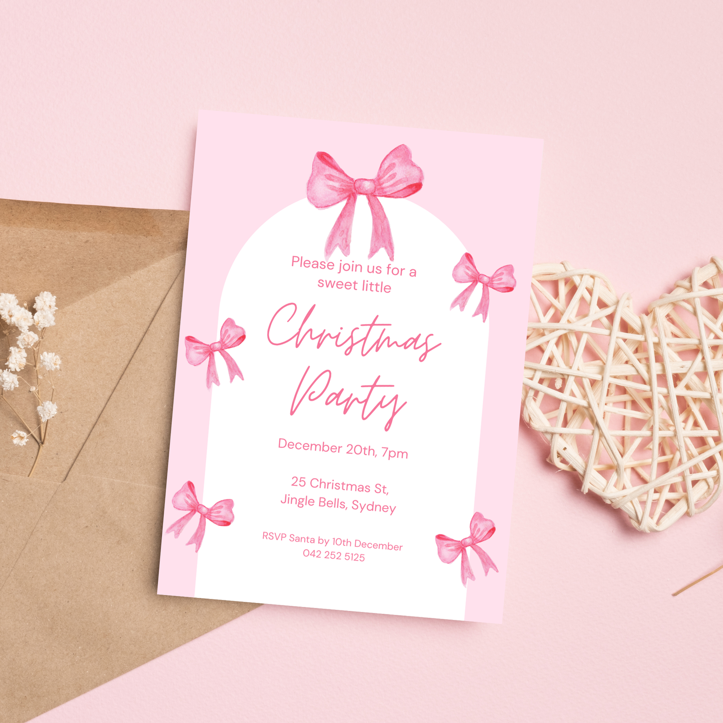 Editable Pink Bows Christmas Party Invitation | Digital Download
