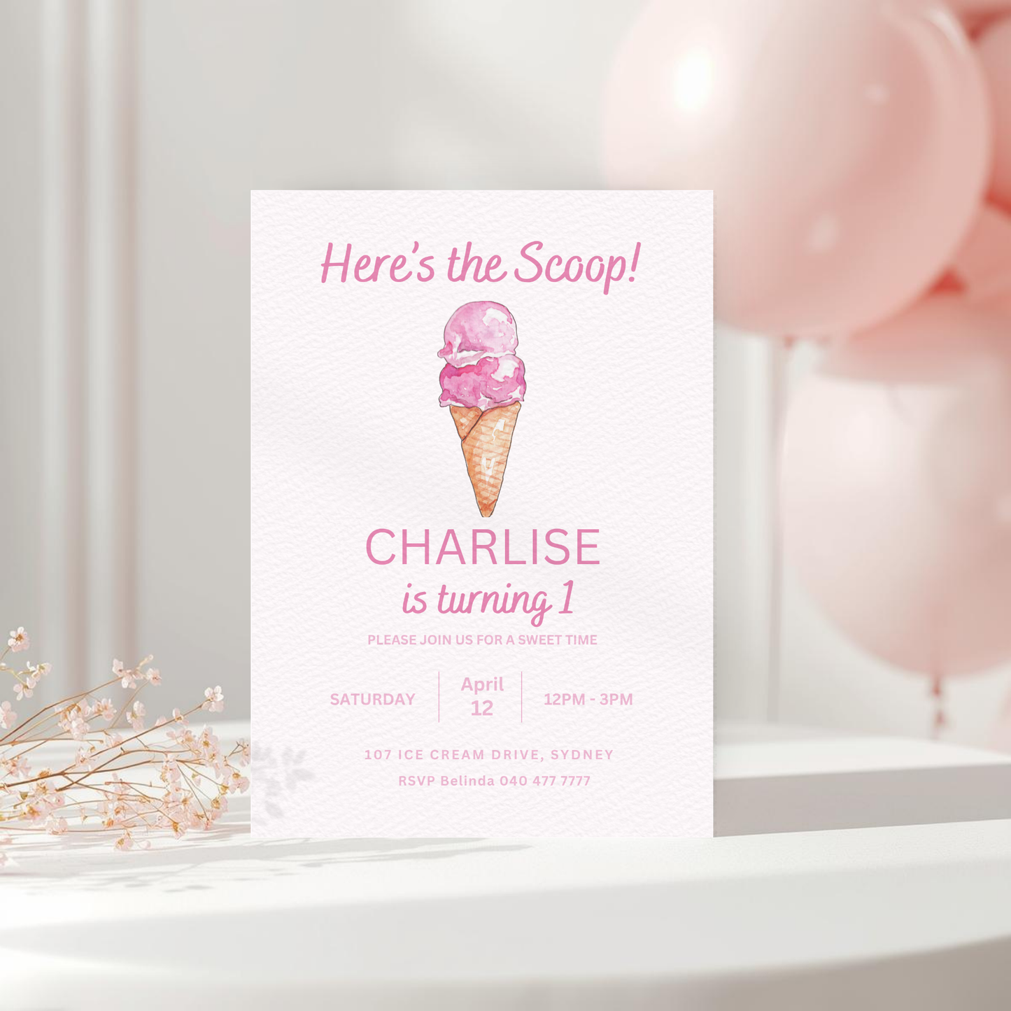 Ice Cream Birthday Invitation Template: Sweet One First Birthday Party (Digital Download)