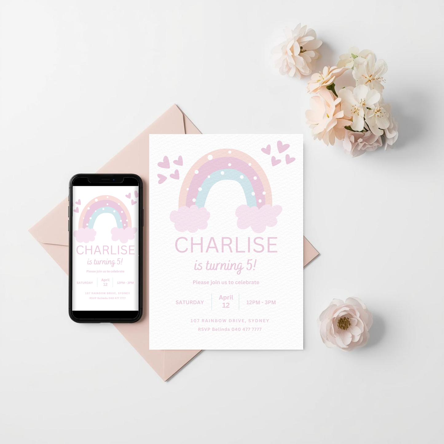 Pastel Rainbow Birthday Invitation Editable Canva Template Digital Download