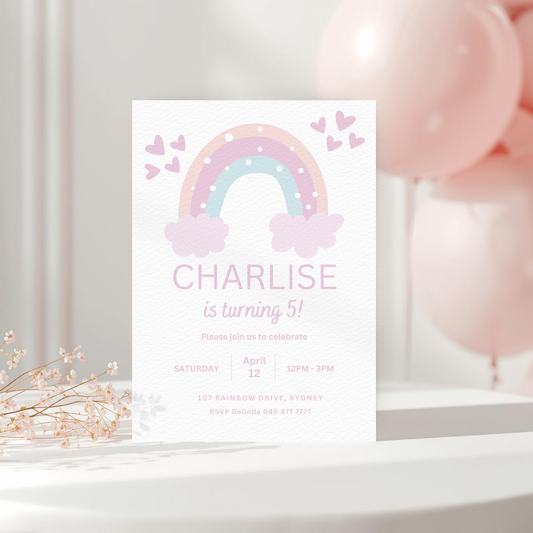 Pastel Rainbow Birthday Invitation Editable Canva Template Digital Download