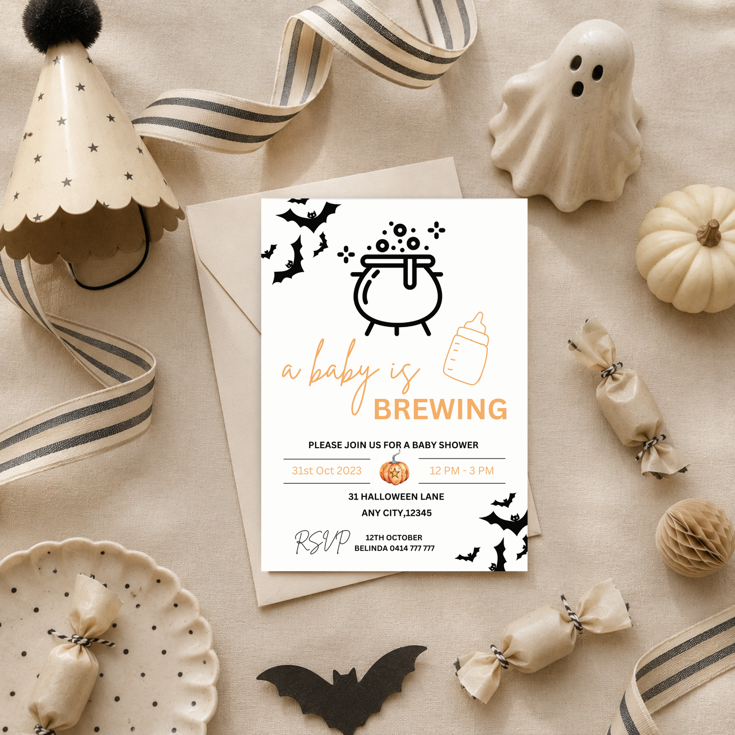 Halloween Baby Shower Invitation: "A Baby Is Brewing" Template (Digital Download)