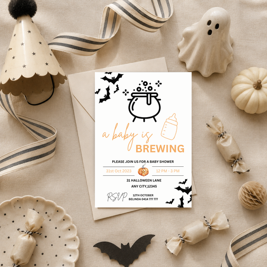 Halloween Baby Shower Invitation: "A Baby Is Brewing" Template (Digital Download)