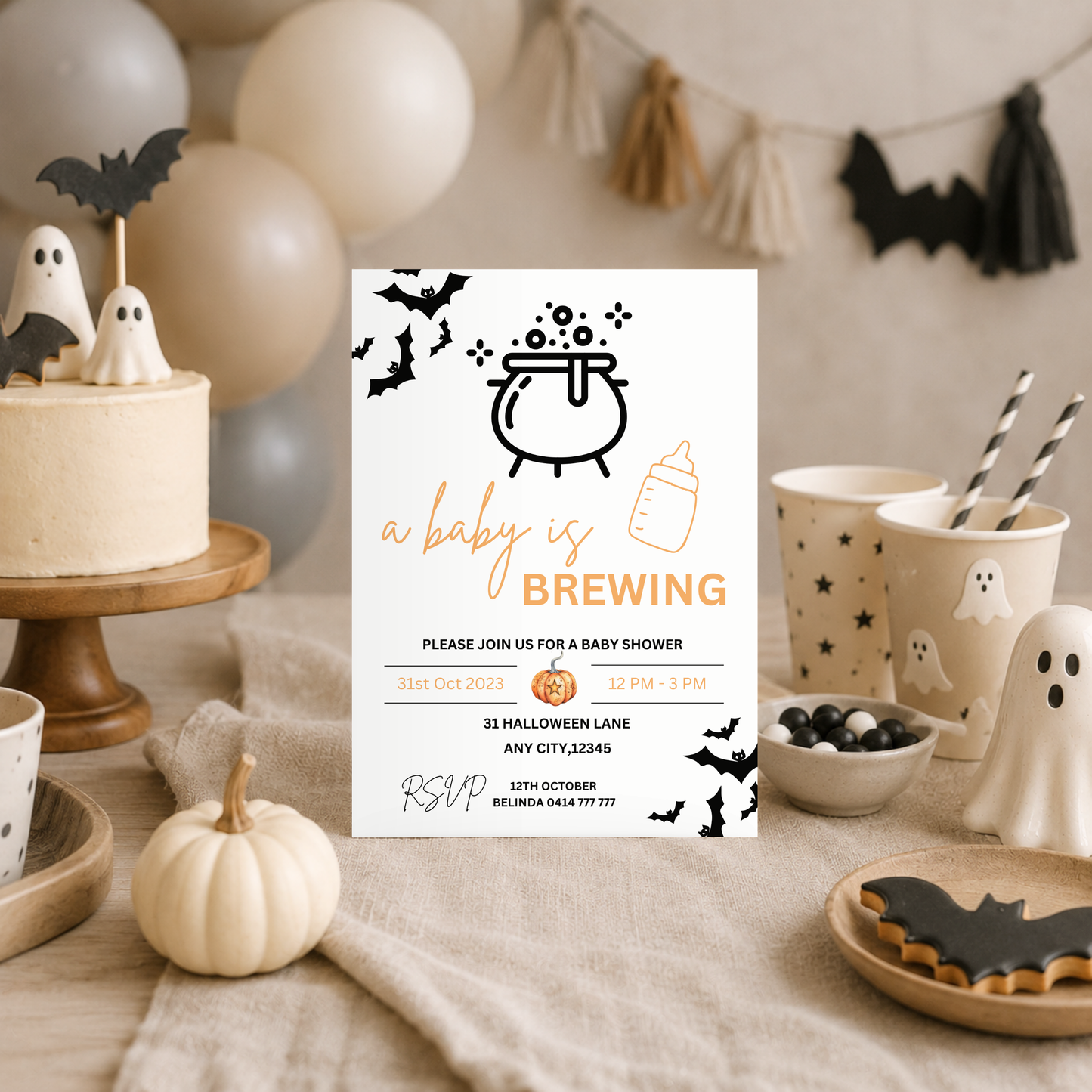 Halloween Baby Shower Invitation: "A Baby Is Brewing" Template (Digital Download)