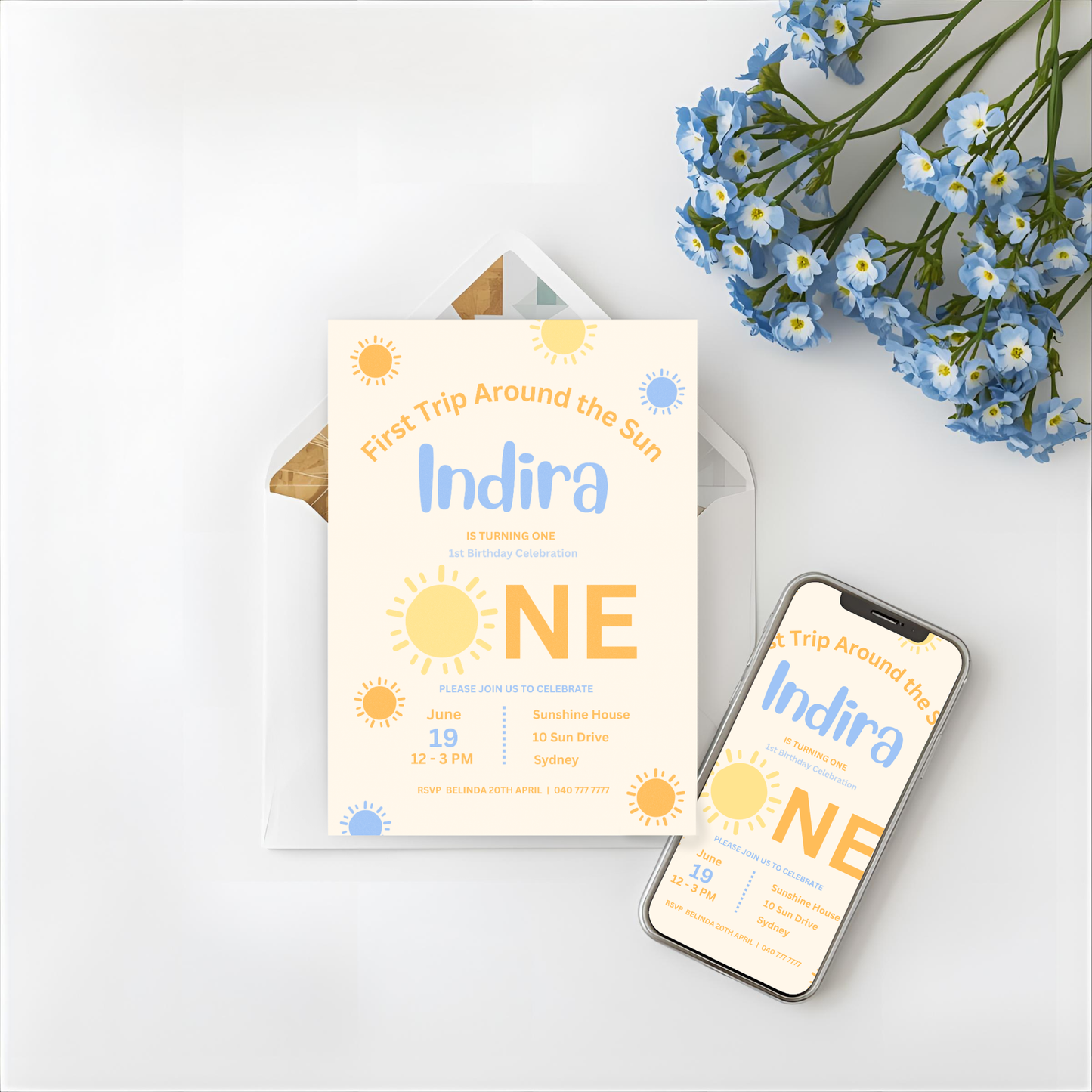 First Trip Around Sun Birthday Blue Baby Boy Party Bundle | Editable Canva Templates (Digital Download)