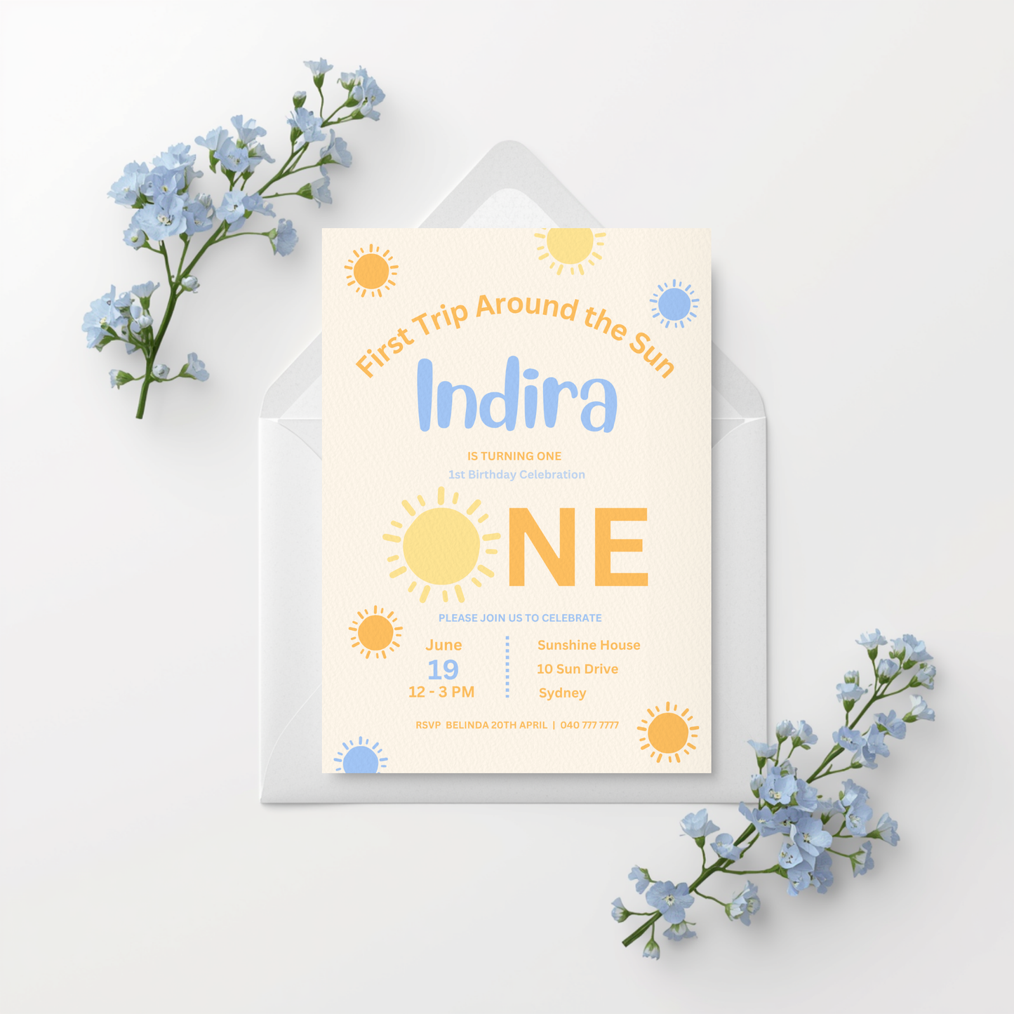 First Trip Around Sun Birthday Blue Baby Boy Party Bundle | Editable Canva Templates (Digital Download)