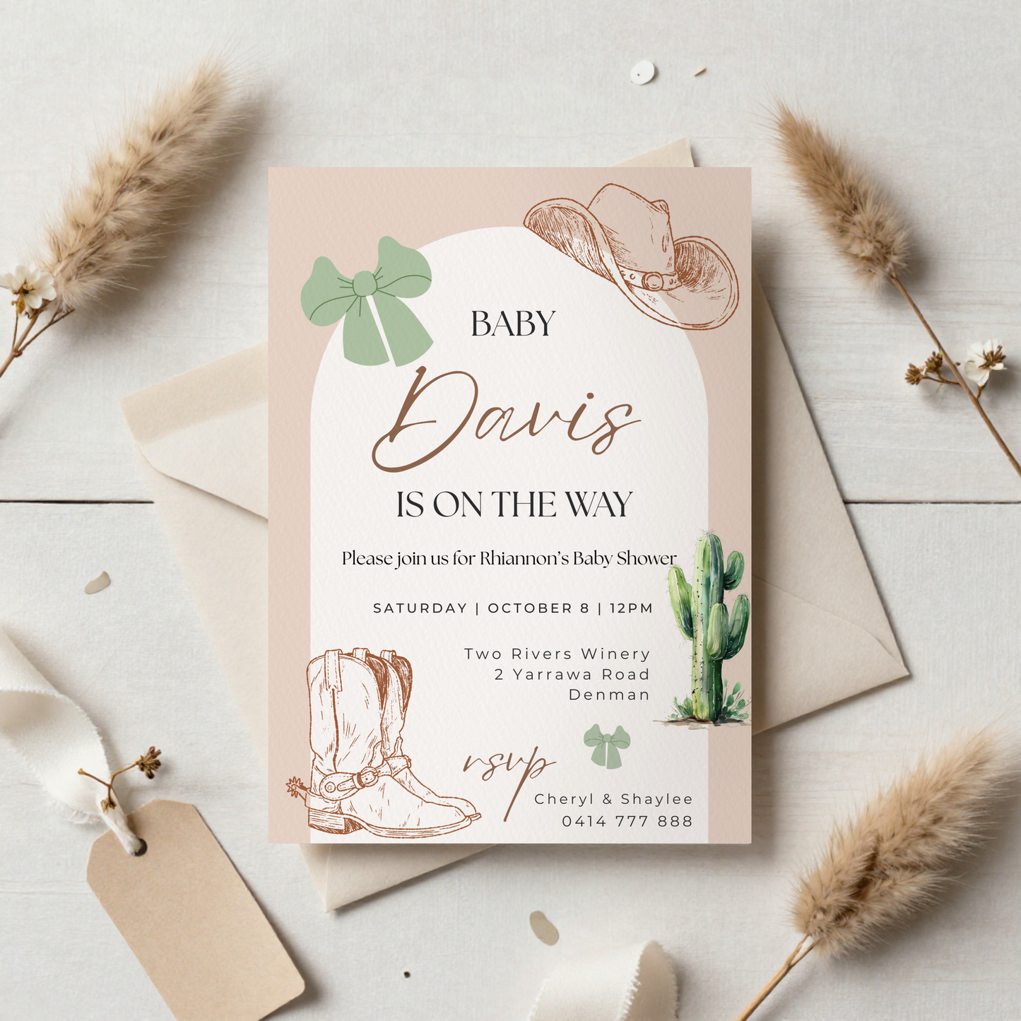 Western Baby Shower Invitation Template: Cowboy Boots, Cactus (Digital Download)