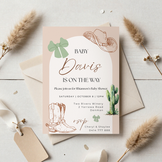 Western Baby Shower Invitation Template: Cowboy Boots, Cactus (Digital Download)