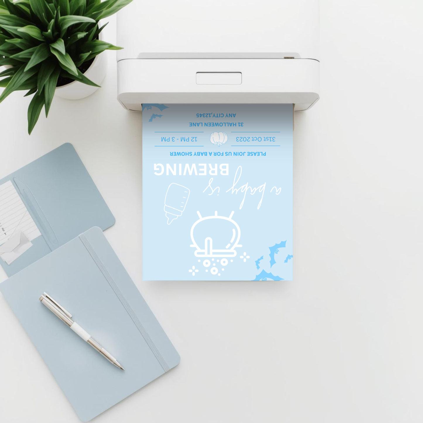 A baby is brewing Invite Blue Boy Halloween Baby Shower Editable Canva Template Instant Download