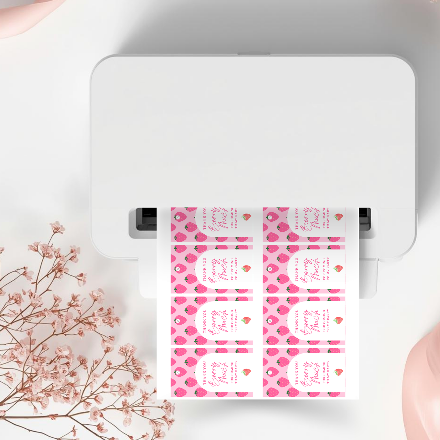 White printer with pink and white product packaging on a light background