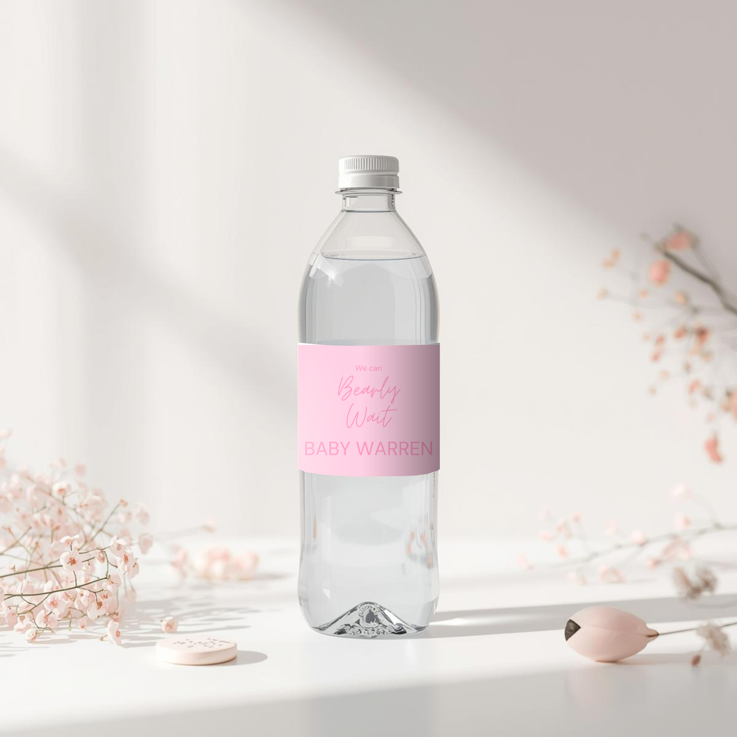 Pink Teddy Bear Baby Shower Water Bottle Labels, We Can Bearly Wait Party (Digital Download)